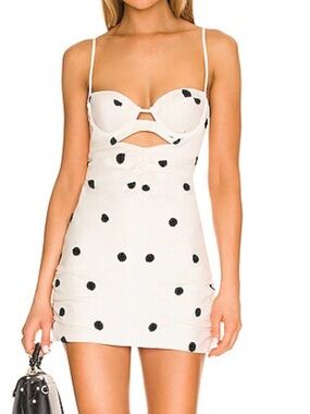 For Love & Lemons Abigail Mini Dress in Ivory with Black Polka Dots